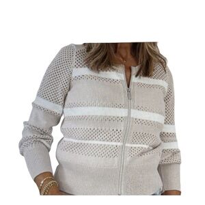 Monari Striped Crochet Knit Zipped Cardigan Beige